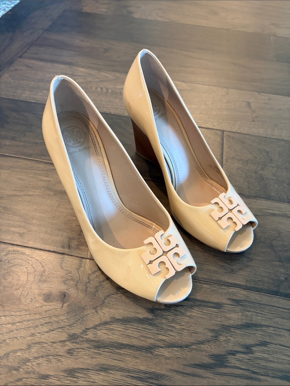 Tory Burch Beige Patent Peep-Toe Wedges